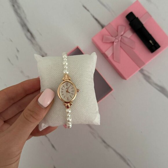 Sku0515 Retro Gold/White Pearls Women Fashion Watch stainless steel + gift bag